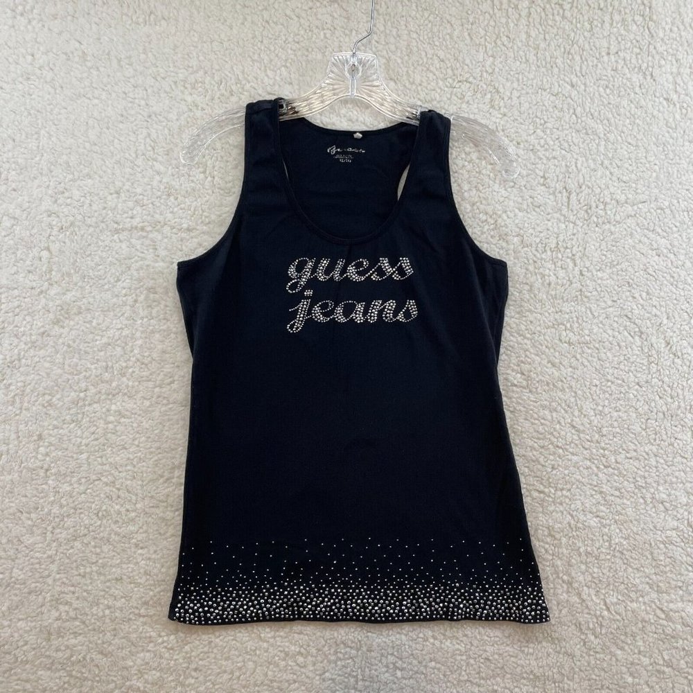 Y2K 2000s Guess Black Studded Logo Spellout Bimbo McBling Tank Top Womens XL - Picture 1 of 8
